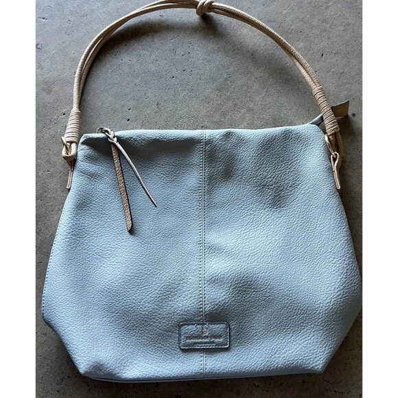 London Fog Travel Bag Houndstooth Brwn Barrel Duffle Leather Light Blue Bag - Picture 2 of 14